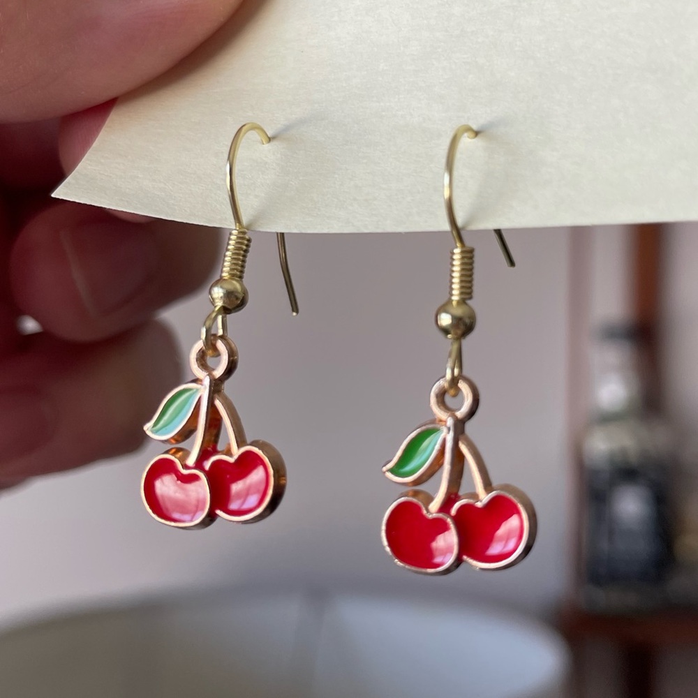 Red cherry earrings with gold hooks